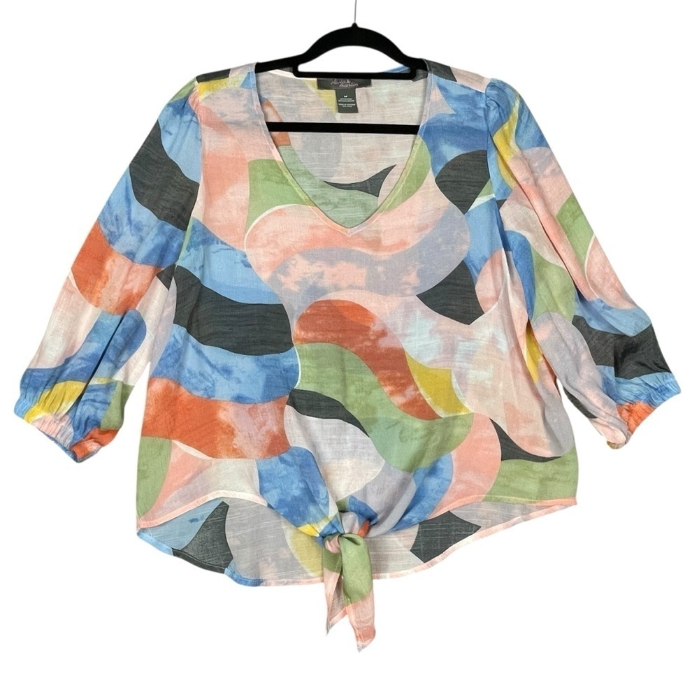 Olivia & Martain Hi-Low Peasant Boho Multicolor Semi Sheer Tie Front Blouse - M